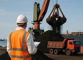 Inspector de ILC realizando inspección minera, con overol blanco con líneas celestes/azules/naranjas, chaleco de seguridad naranja y casco blanco.